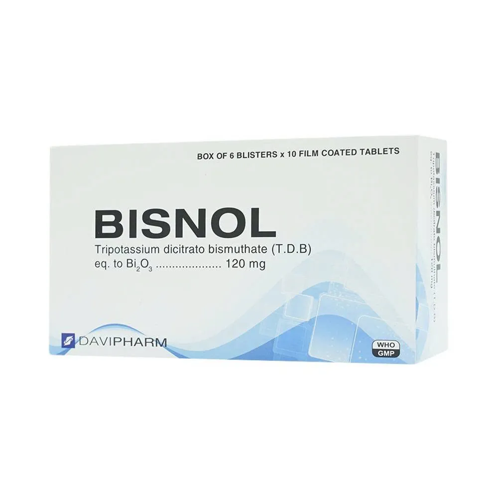 Bisnol 120mg Davi (H/60v) – Viên nén chứa Tripotassium Dicitrato Bismuthat giảm nhanh loét dạ dày, tá tràng